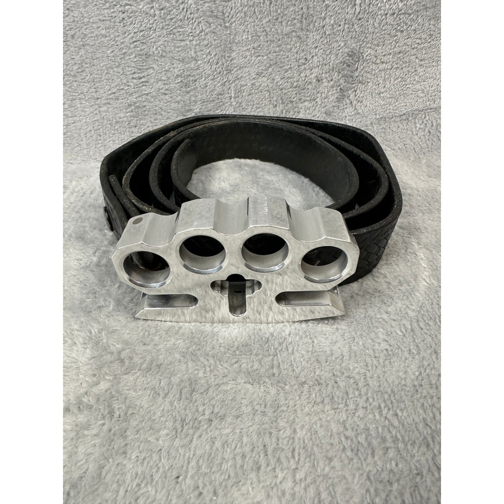 Boston Leather Mens Belt 62 Black Basketweave Brass Knuckle Style Buckle USA